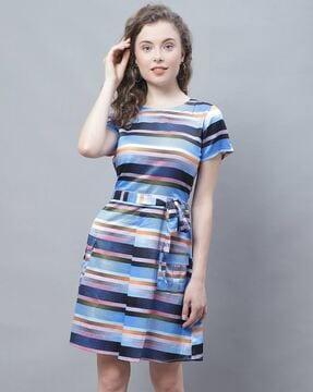 striped a-line dress with waist tie-up