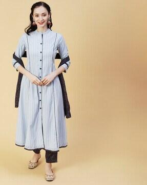 striped a-line kurta with pants & dupatta