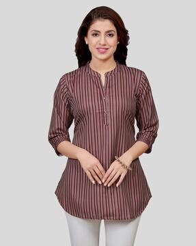 striped a-line kurti with mandarin collar