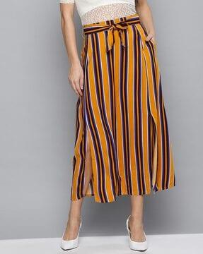 striped a-line skirt with tie-up waist