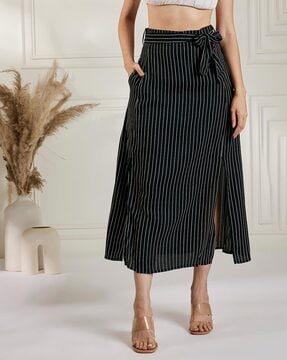 striped a-line skirt with tie-up