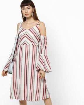 striped a-line strappy dress with cold-shoulder sleeves
