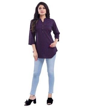 striped a-line tunic with collar-neck