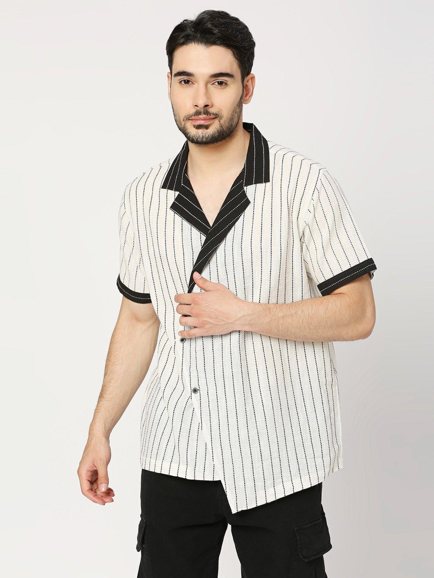 striped asymmetrical style regular fit half sleeves resort collar shirt