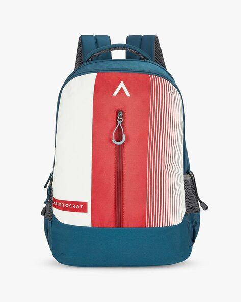 striped backpack with external zip pocket