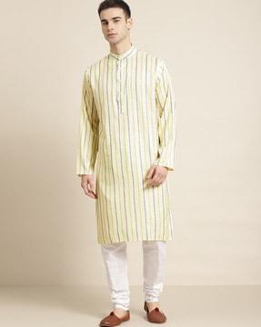 striped band collar long kurta