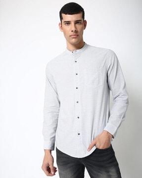 striped band-collar shirt with patch pocket