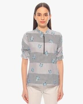 striped band-collar top with smocked sleeves