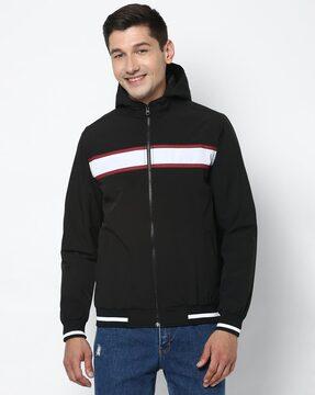 striped biker jacket with zip front closure