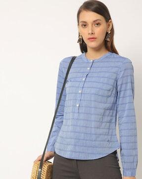 striped blouse top with band collar