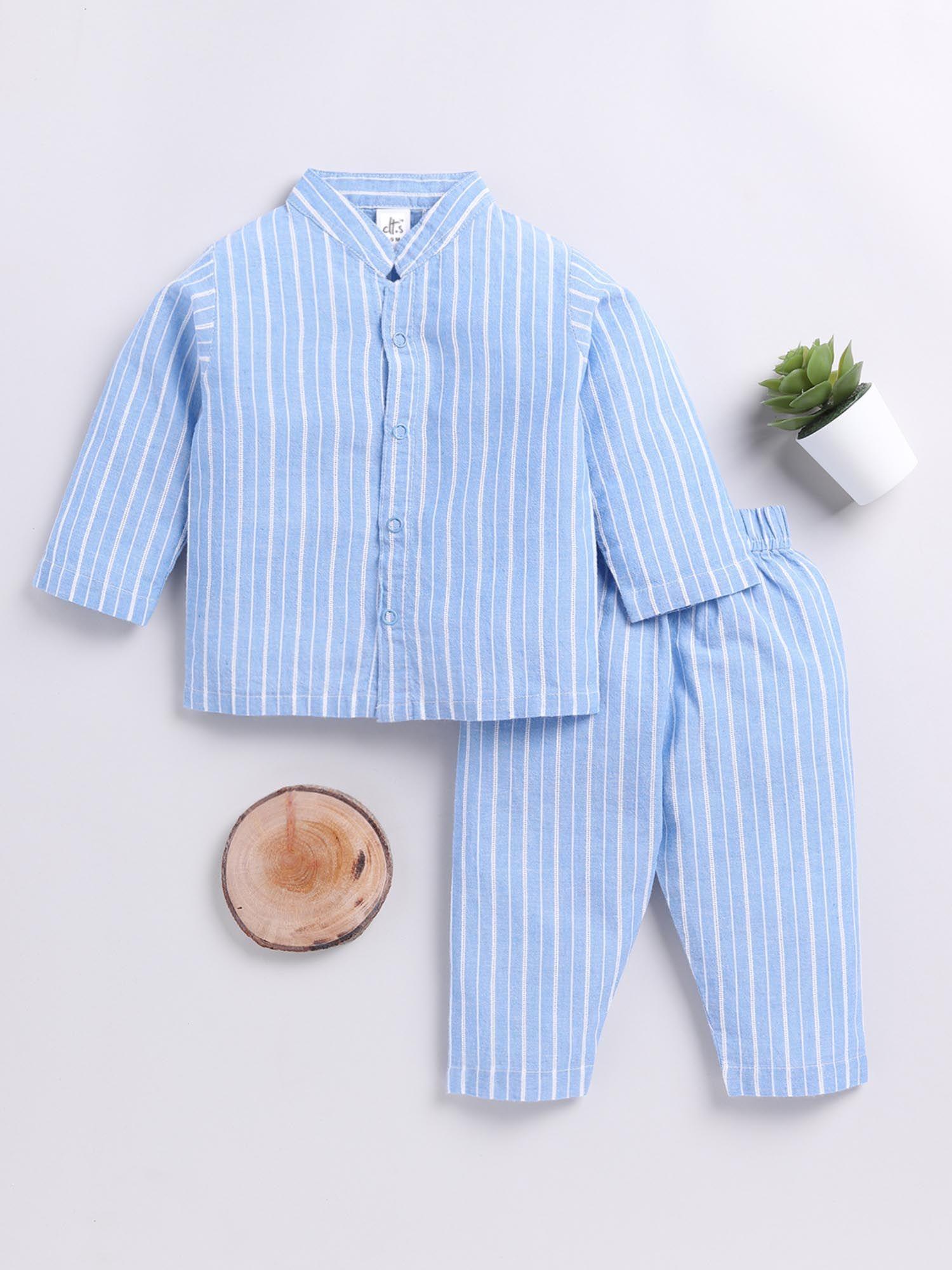 striped blue full sleeve night suit (set of 2)