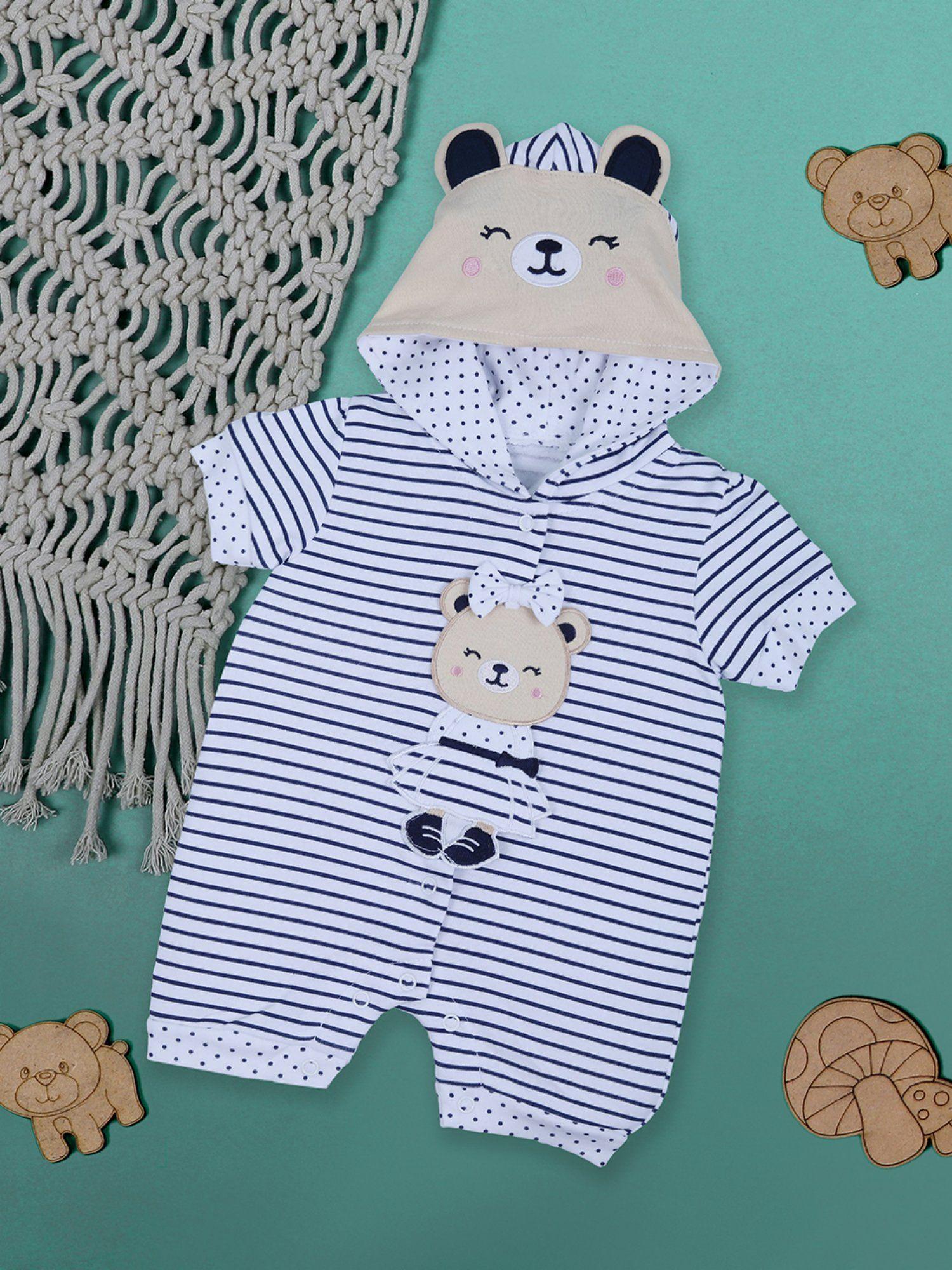 striped blushing bear hooded short romper grey