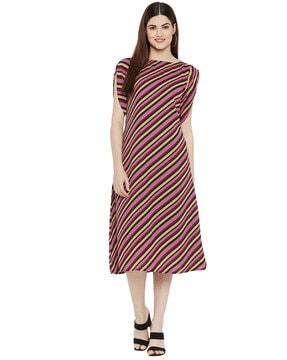 striped boat-neck a-line dress