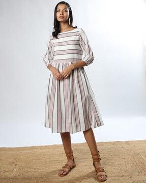 striped boat-neck fit & flare dress