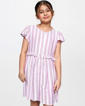 striped button-down a-line dress with flutter sleeves