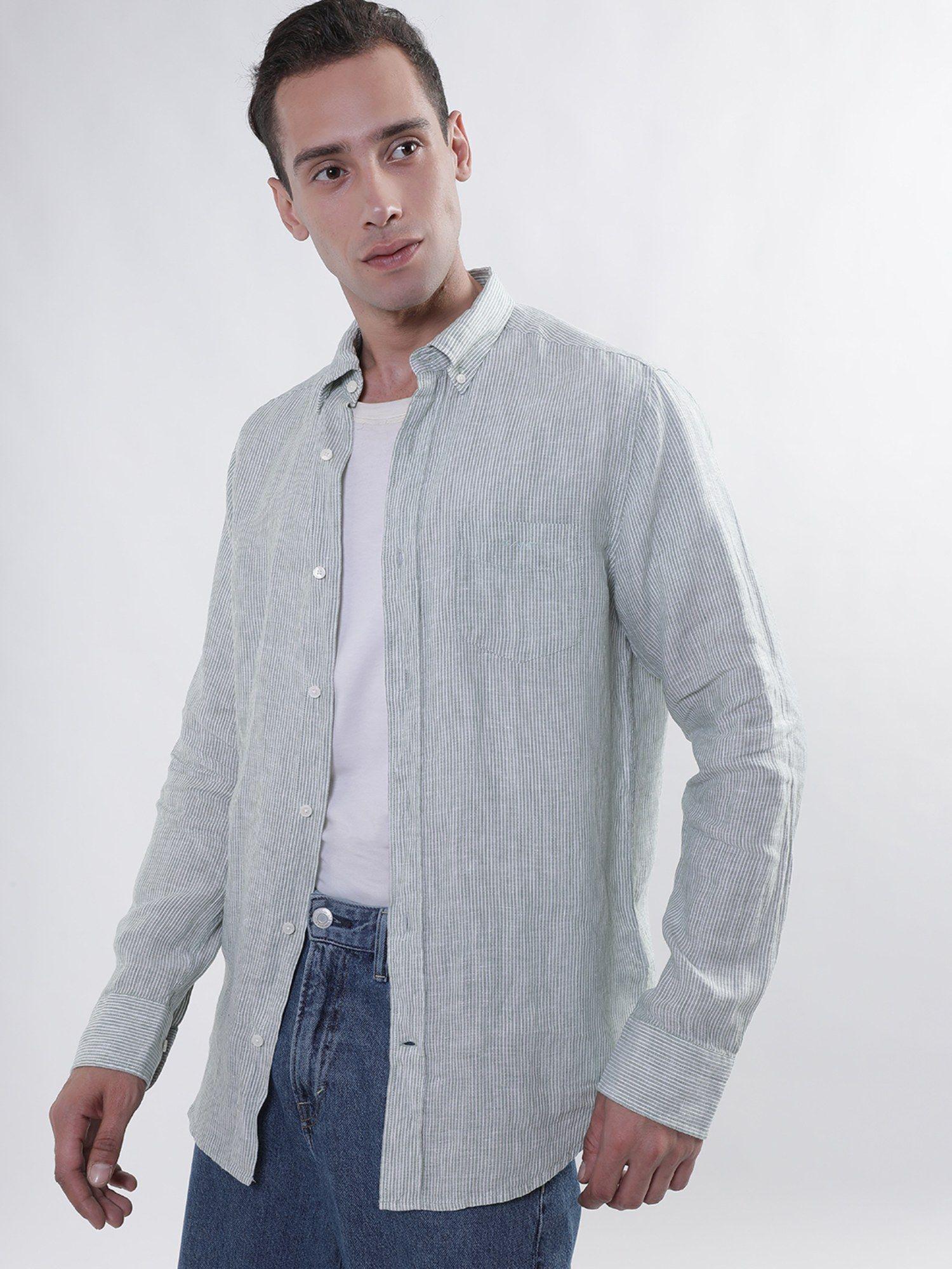 striped button-down collar linen casual shirt