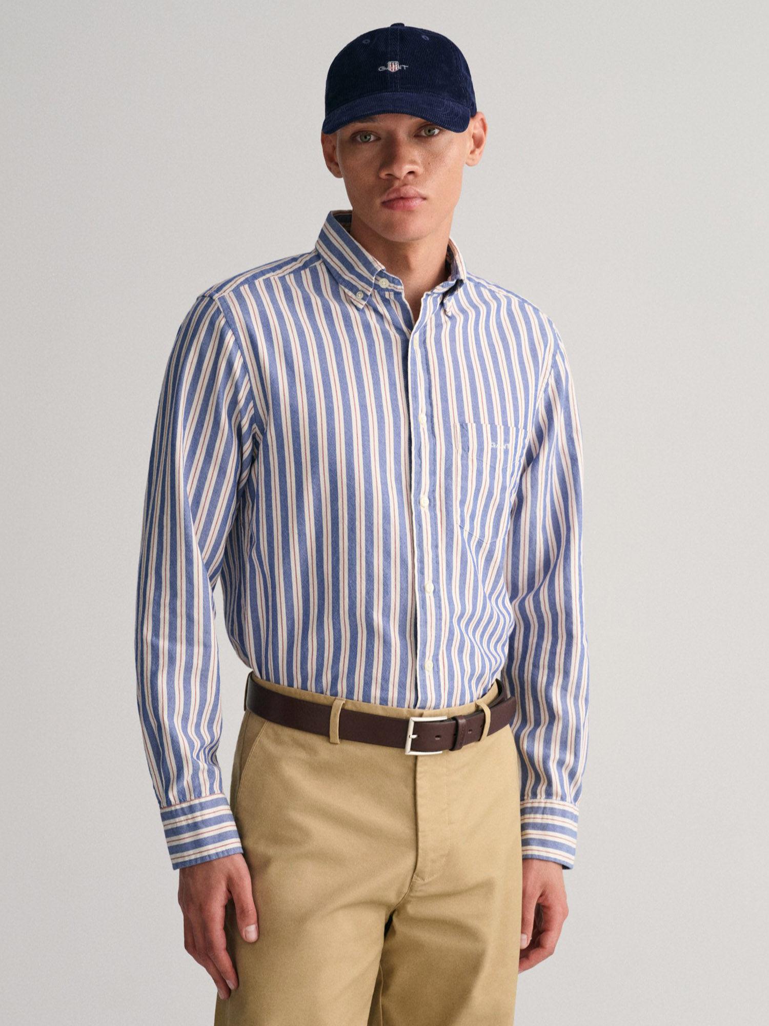 striped button-down collar pure cotton casual shirt