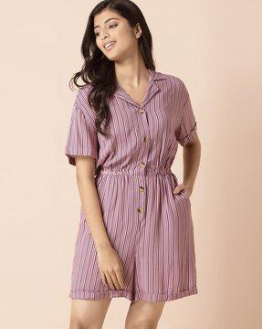 striped button-down playsuit with notched collar