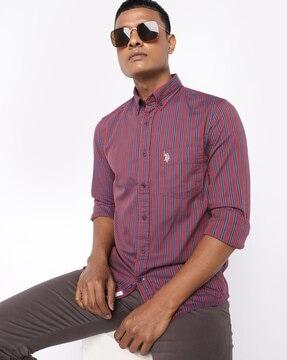 striped button-down shirt with patch pocket