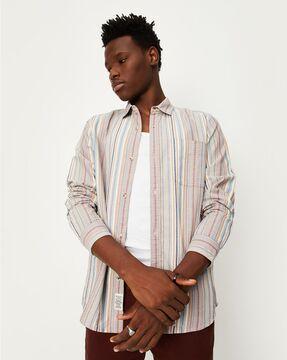 striped button-down shirt with patch pocket