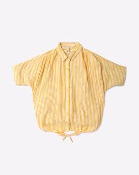 striped button-down shirt with waist tie-up