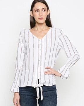 striped button-down v-neck top with tie-up