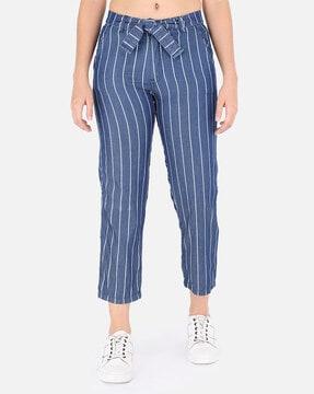 striped calf-length trousers with waist tie-up