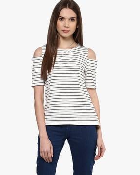 striped cold-shoulder crew-neck top