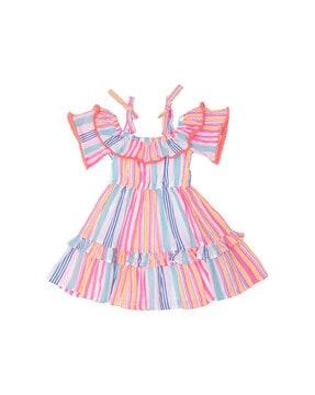 striped cold-shoulder fit & flare dress