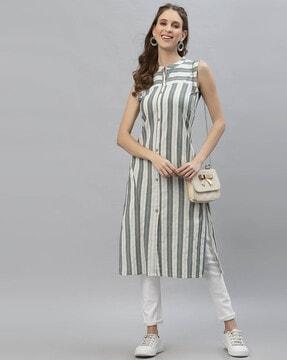 striped collar-neck straight kurta