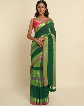 striped cotton blend saree with tassels