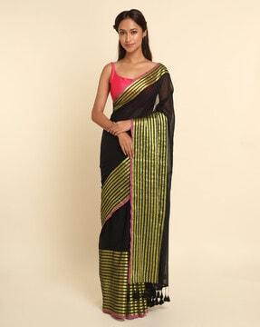 striped cotton blend saree with tassels