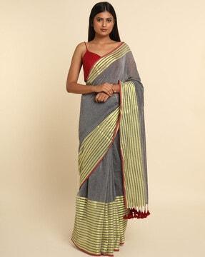 striped cotton blend saree with tassels