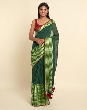 striped cotton blend saree with tassels