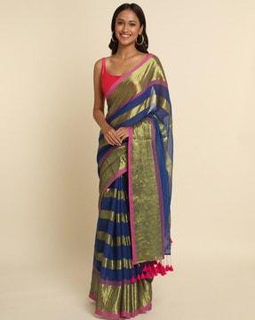 striped cotton blend saree with tassels