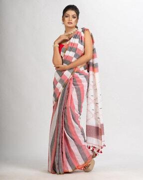 striped cotton jamdani saree with tassels