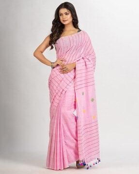 striped cotton jamdani saree with tassels