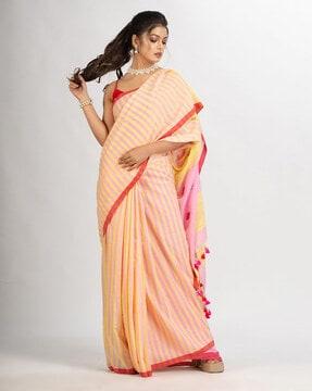 striped cotton jamdani saree with tassels