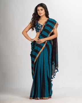 striped cotton jamdani saree with tassels