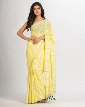 striped cotton jamdani saree with tassels