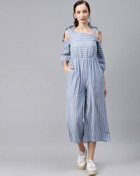 striped cotton jumpsuit with cold-shoulder sleeves