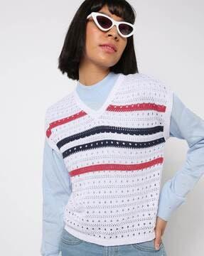 striped cotton pullover with ribbed hem
