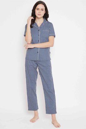 striped cotton regular fit womens night suit - blue