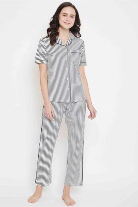 striped cotton regular fit womens night suit - white