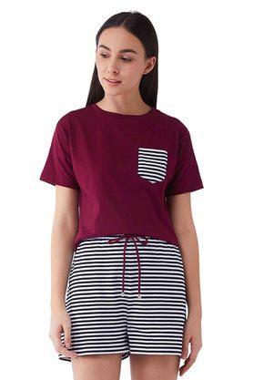 striped cotton round neck womens shorts & top set - multi