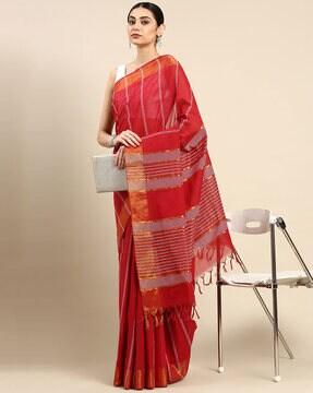 striped cotton saree with tassels