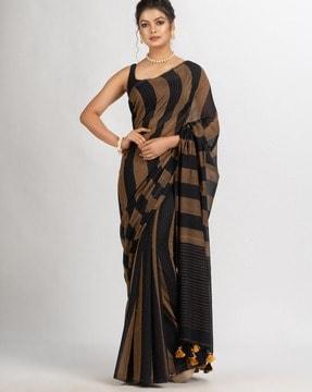 striped cotton saree with tassels