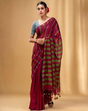 striped cotton saree with tassels