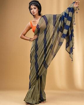 striped cotton saree with tassels