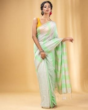 striped cotton saree with tassels